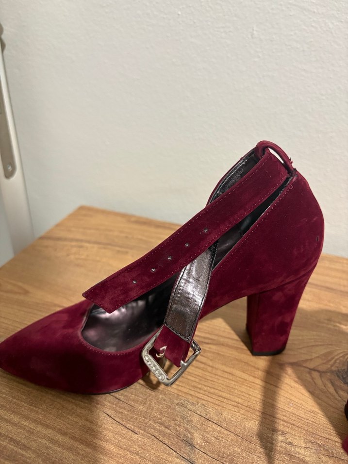 Bordo Süet Tokalı Yüksek Topuklu Kadın Stiletto - Görsel 3