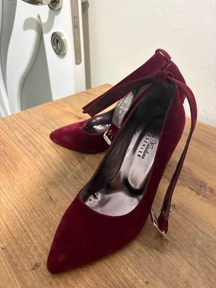 Bordo Süet Tokalı Yüksek Topuklu Kadın Stiletto - Görsel 2
