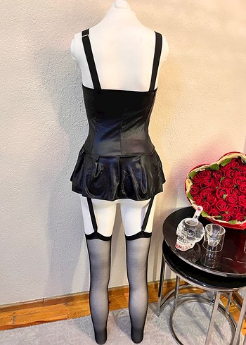 Fabrika Kırmızı Siyah Deri Korse Mini Elbise