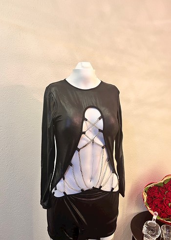 Beden siyah Renk Siyah Zincir Detaylı Gotik Kadın Body