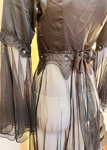 Fabrika Nakışlı Siyah Uzun Kollu Gotik Kadın sabahlık gecelik