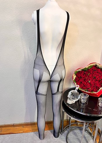 Siyah delikli işlemeli vücut çorabı fantezi - Görsel 5