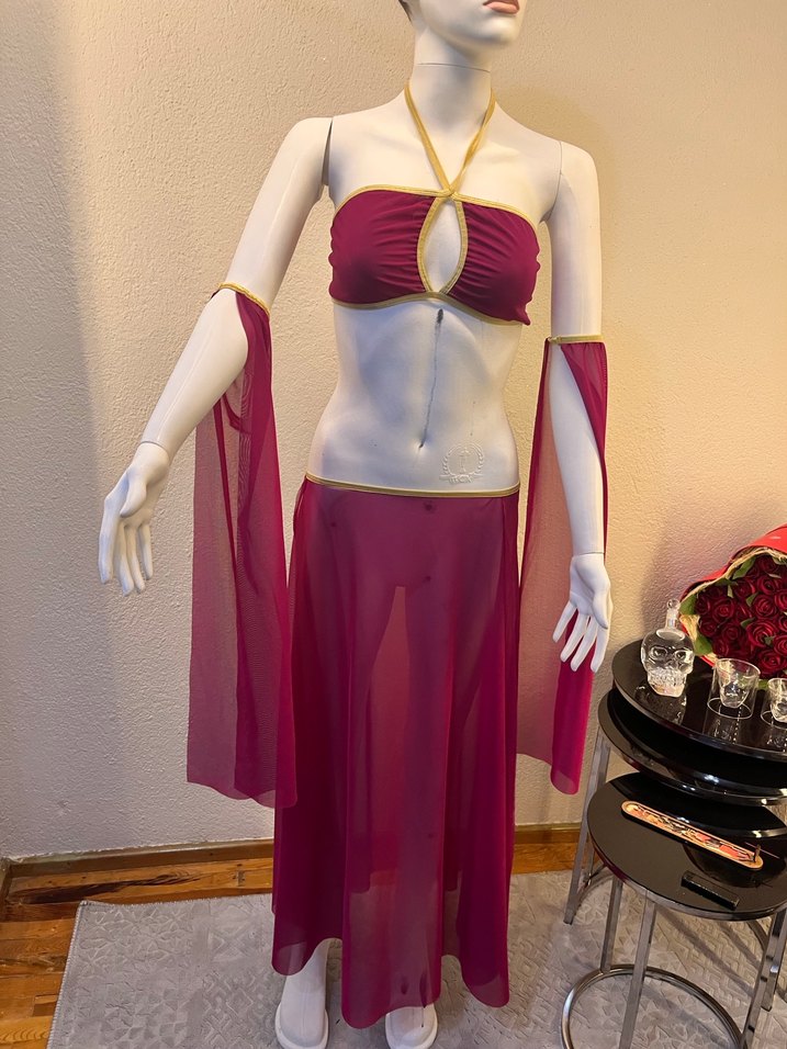 Bordo Straplez Uzun Bohem Kadın dansöz Elbise - Görsel 3