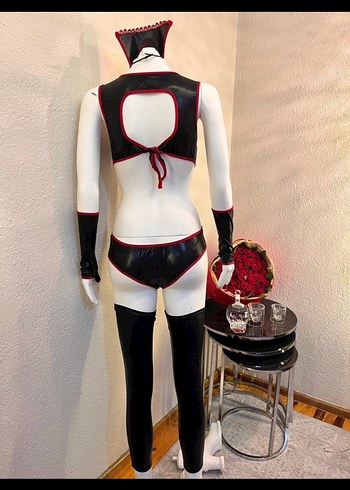 Kadın Siyah Deri Goth Midi Büstiyer - Görsel 4