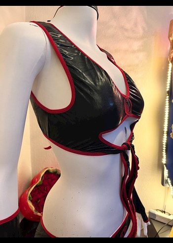 Kadın Siyah Deri Goth Midi Büstiyer - Görsel 2