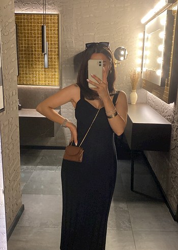 H&M Siyah Midi Askılı Elbise