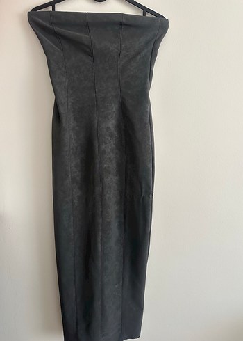 Bershka Gri Deri dokulu Straplez Uzun Elbise - Görsel 2