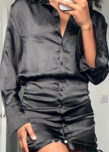 Siyah Mini Kadın Gömlek elbise Düğmeli - Görsel 5