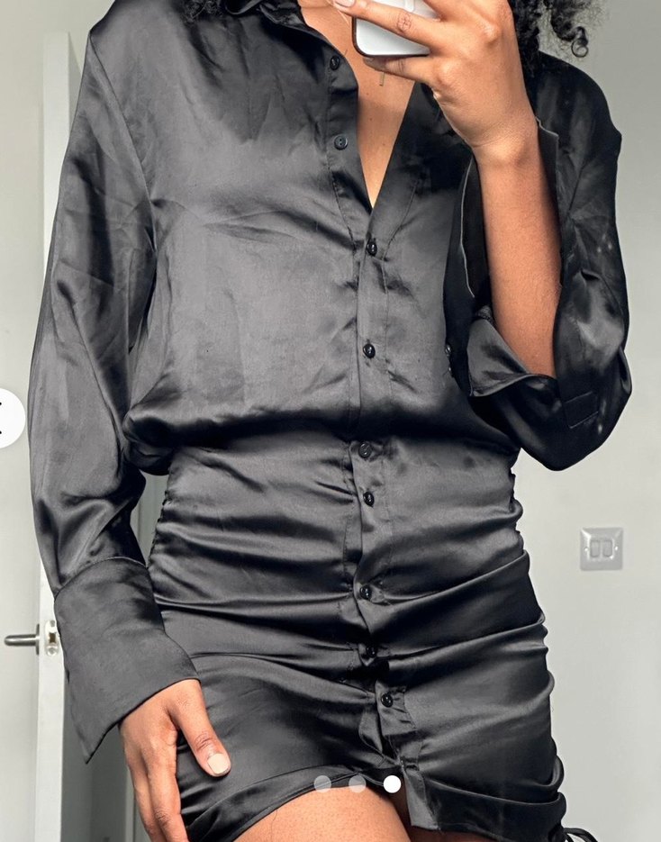 Siyah Mini Kadın Gömlek elbise Düğmeli - Görsel 5