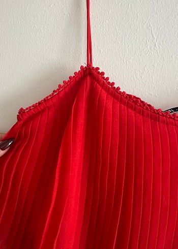 Zara Kırmızı Pilili Mini Askılı Elbise - Görsel 5