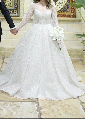 UZUN KOLLU V YAKA TAŞLI TASARIM GELİNLİK - Görsel 3