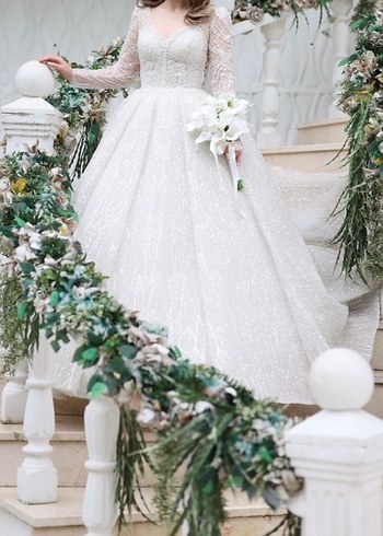 UZUN KOLLU V YAKA TAŞLI TASARIM GELİNLİK - Görsel 6