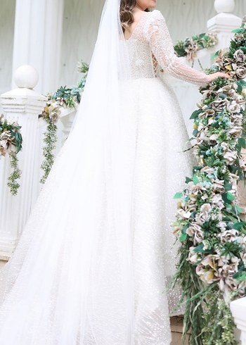 UZUN KOLLU V YAKA TAŞLI TASARIM GELİNLİK - Görsel 7