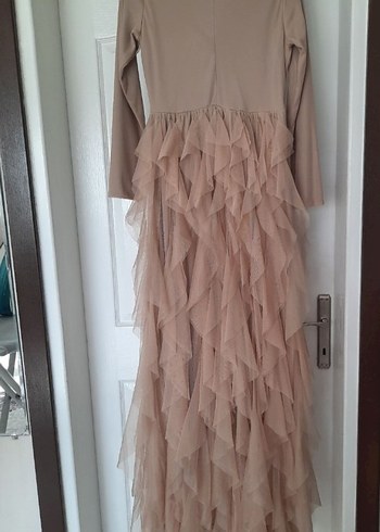 Uzun Kollu Bej Kadın Bohem Abiye Elbise - Görsel 4