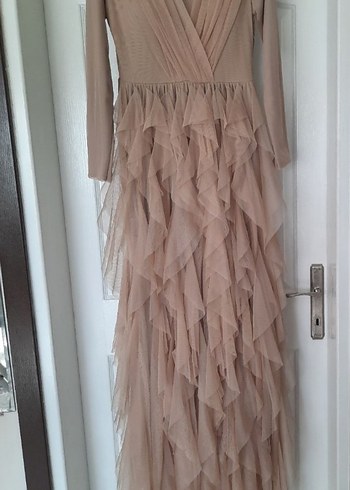 Uzun Kollu Bej Kadın Bohem Abiye Elbise - Görsel 2