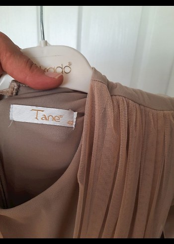 Uzun Kollu Bej Kadın Bohem Abiye Elbise - Görsel 3