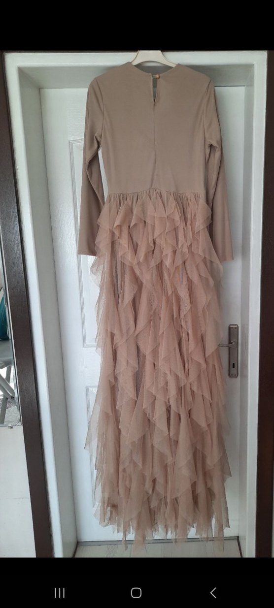 Uzun Kollu Bej Kadın Bohem Abiye Elbise - Görsel 4