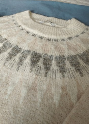 Bej Gri Desenli Kadın Triko Kazak - Görsel 3