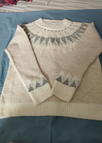 Bej Gri Desenli Kadın Triko Kazak - Görsel 2