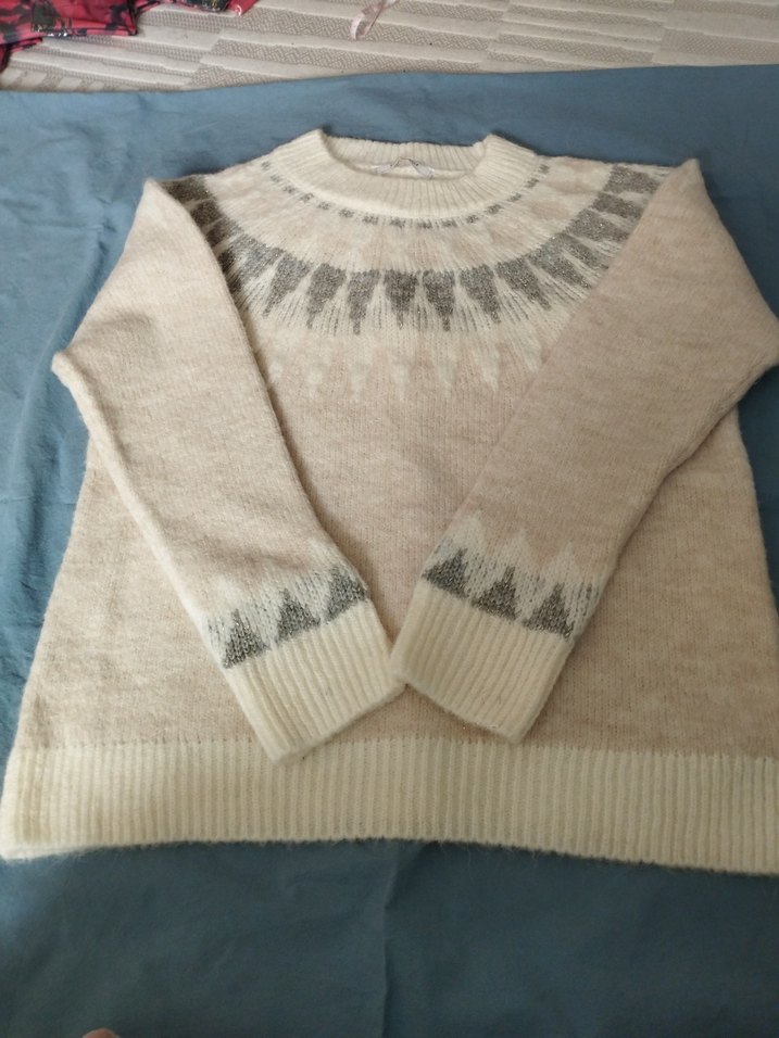 Bej Gri Desenli Kadın Triko Kazak - Görsel 2