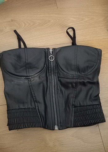 Sheinside Siyah Deri Straplez Gotik Büstiyer