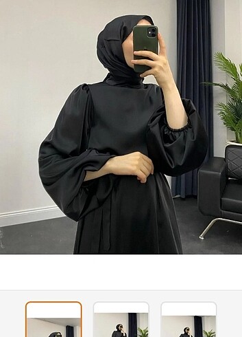 Balon kol saten siyah elbise - Görsel 2