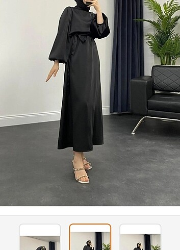 Balon kol saten siyah elbise - Görsel 3