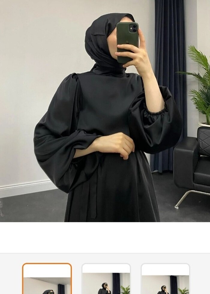 Balon kol saten siyah elbise - Görsel 2