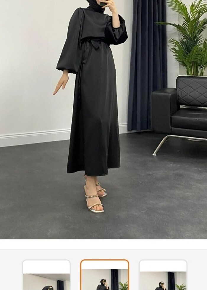 Balon kol saten siyah elbise - Görsel 3