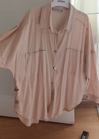 Bej Düğmeli Bol Kesim Keten Gömlek - Görsel 3