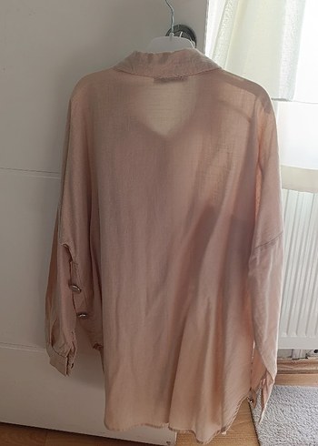 Bej Düğmeli Bol Kesim Keten Gömlek - Görsel 5