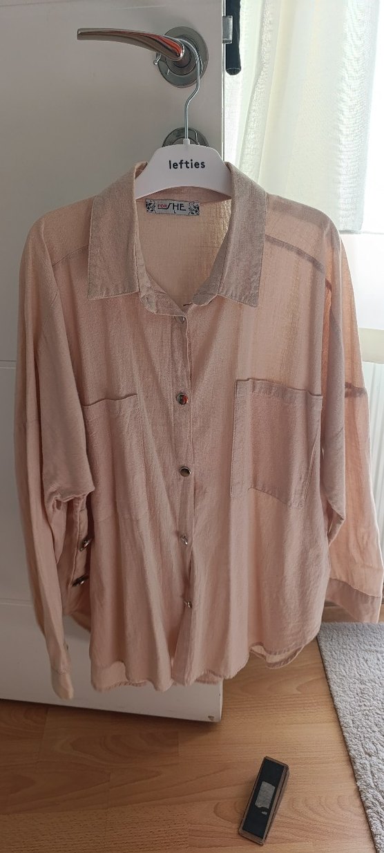 Bej Düğmeli Bol Kesim Keten Gömlek - Görsel 4