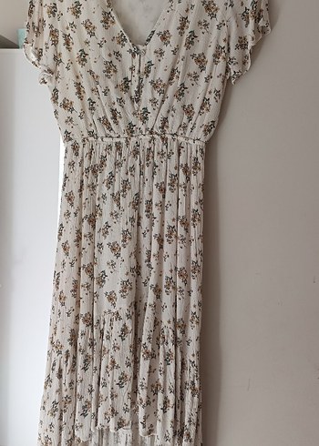 Bej Çiçek Desenli V Yaka Bohem Elbise - Görsel 3