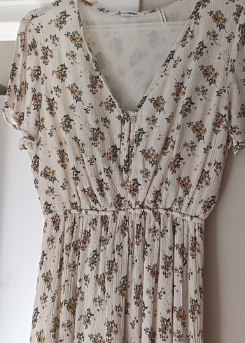 Bej Çiçek Desenli V Yaka Bohem Elbise - Görsel 2