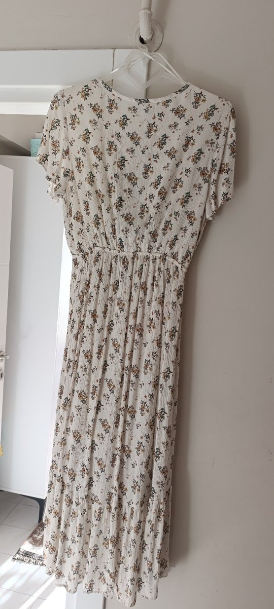 Bej Çiçek Desenli V Yaka Bohem Elbise - Görsel 4