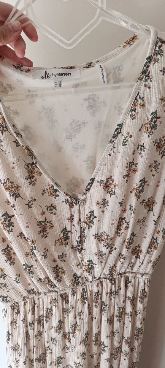 Bej Çiçek Desenli V Yaka Bohem Elbise - Görsel 5