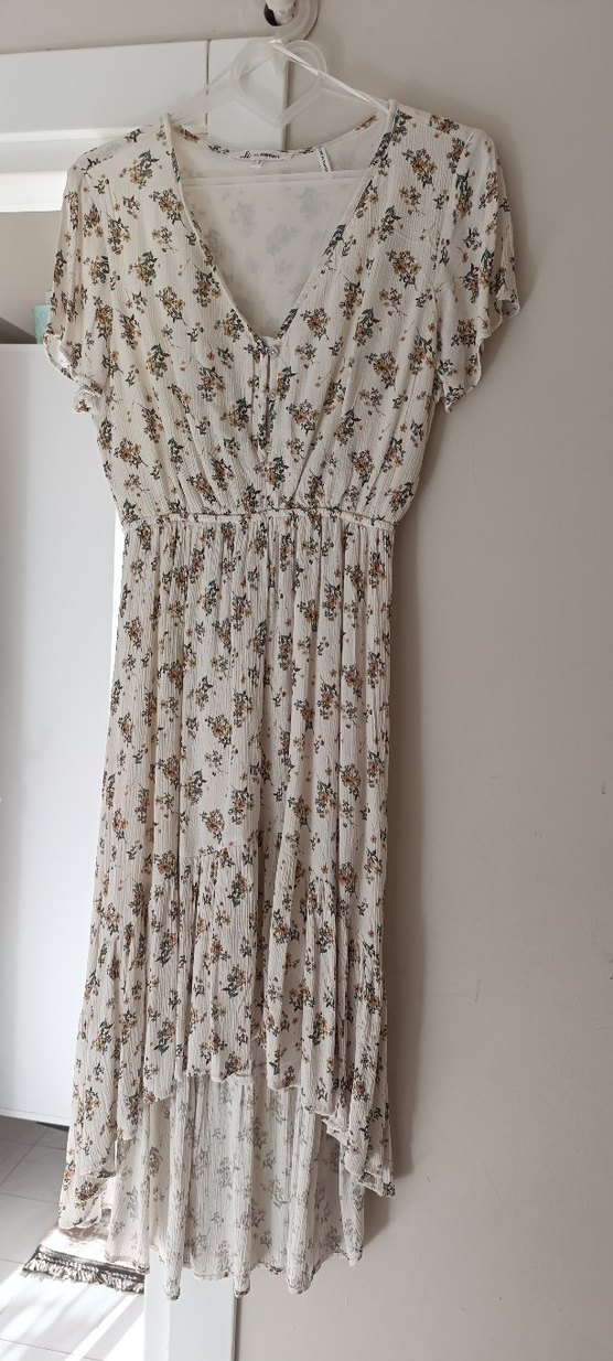 Bej Çiçek Desenli V Yaka Bohem Elbise - Görsel 3