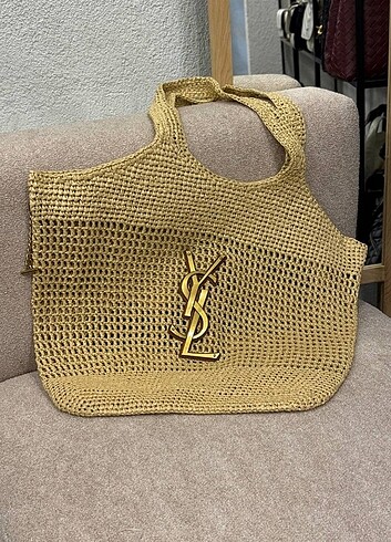Yves Saint Laurent ICARE IN RAFFIA NATUREL AND BROWN GOLD