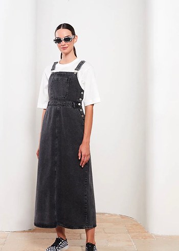 Gri Uzun Denim Elbise, Salaş Kesim, Casual