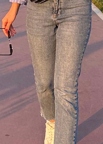 Gri Tie-Dye Kemerli Midi Denim Pantolon
