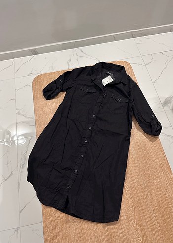 Siyah Yarım Kollu Keten Gömlek Elbise - Görsel 2