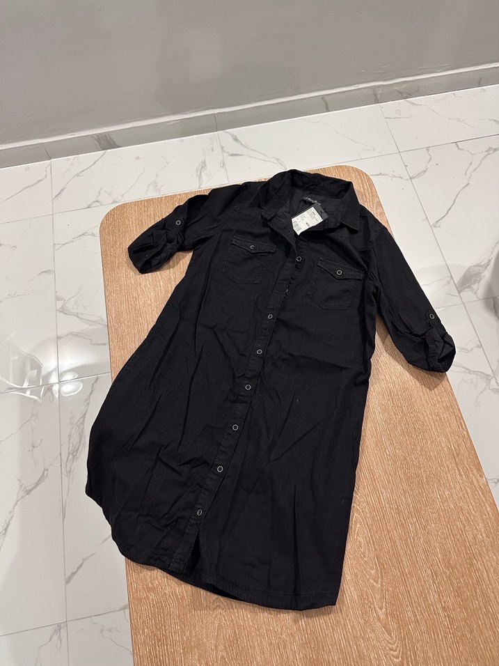 Siyah Yarım Kollu Keten Gömlek Elbise - Görsel 2