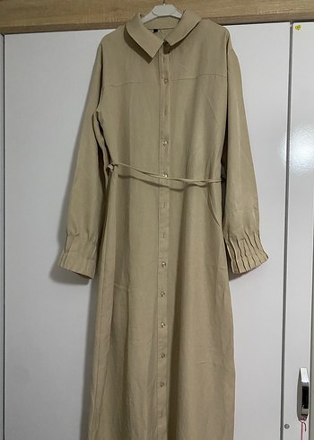 Bej Uzun Keten Elbise - Görsel 2