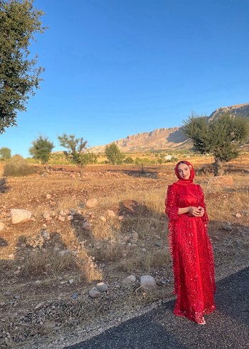 Diğer Uzun Kollu Kırmızı Dantelli Henna Elbise