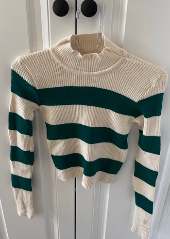 Yeşil Çizgili Kadın Boğazlı Triko Kazak - Görsel 2