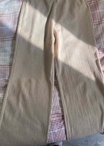 Bej Kadın Keten Pilili Bol Kesim Pantolon - Görsel 2