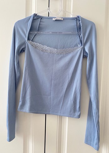 Mavi Dantel Detaylı Uzun Kollu Straplez Bluz - Görsel 2