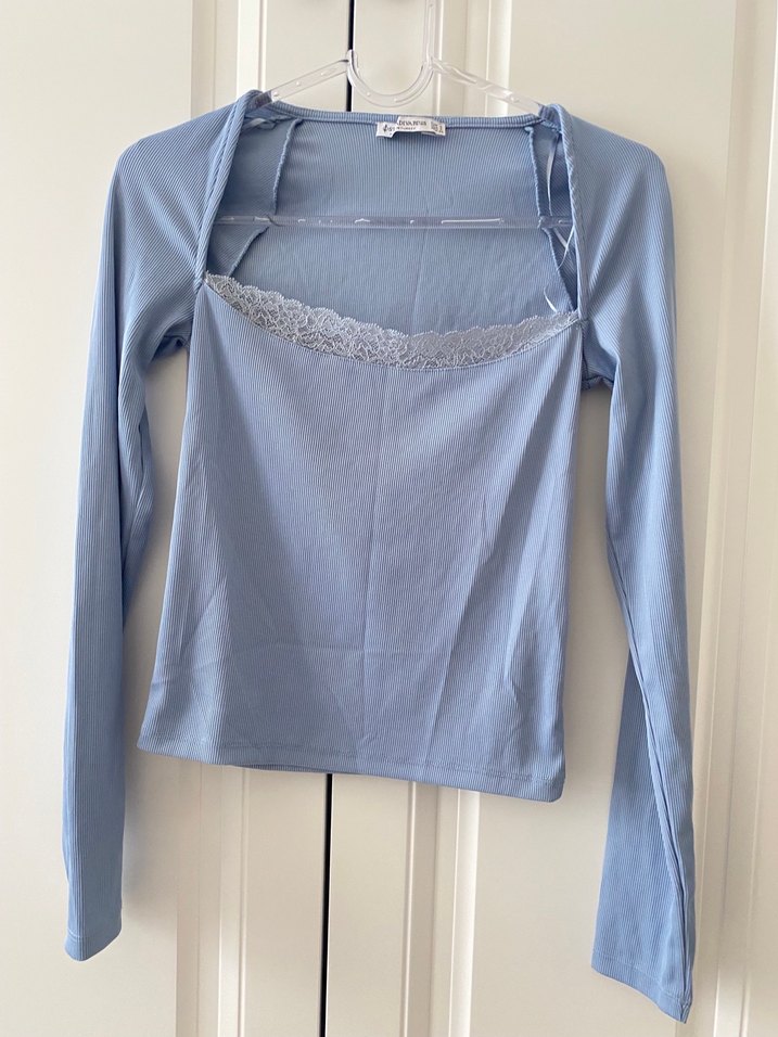 Mavi Dantel Detaylı Uzun Kollu Straplez Bluz - Görsel 2