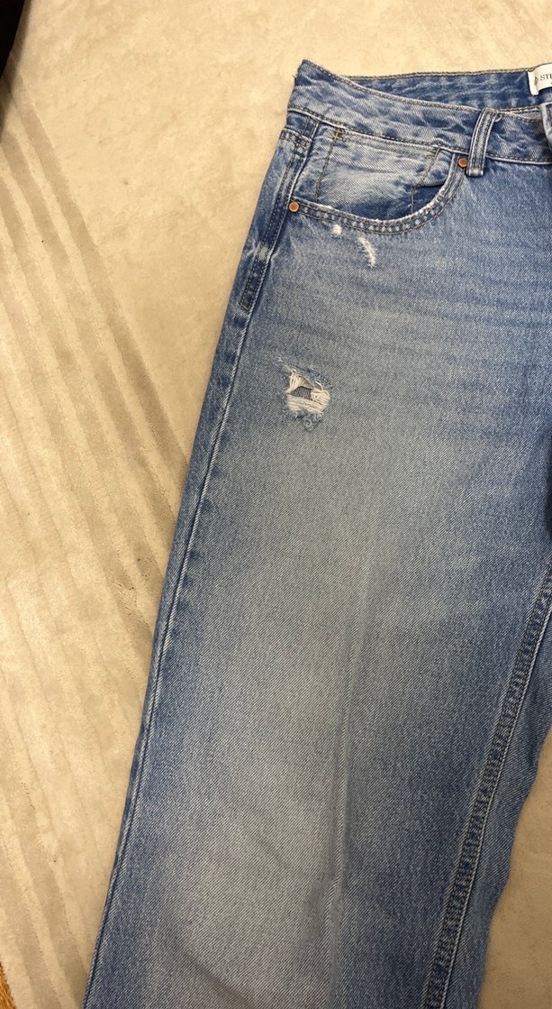 Kadın Mavi Denim Bol Kesim Midi Kot Pantolon - Görsel 4