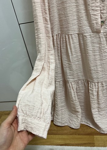 Bej Düğmeli Keten Midi Tunik - Görsel 3